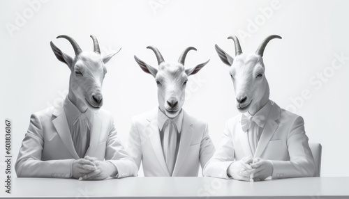 Portraits of three goats, rams or sheep in suits at the table discuss politics and world news. Generative AI. photo