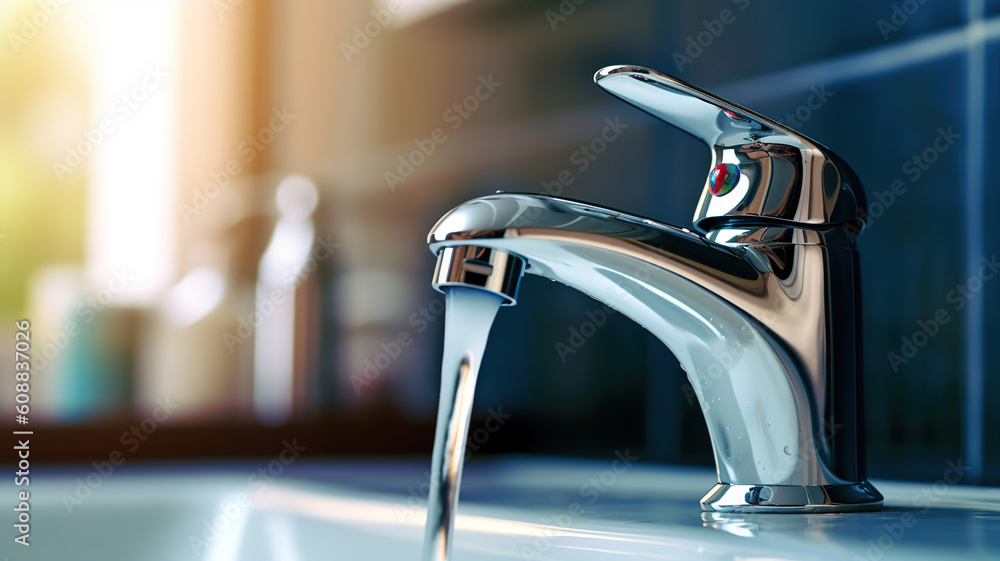 Faucet and water drop close up. Bathroom interior with sink and water tap. Generative Ai Faucet and water drop close up. Bathroom interior with sink and water tap. Generative Ai