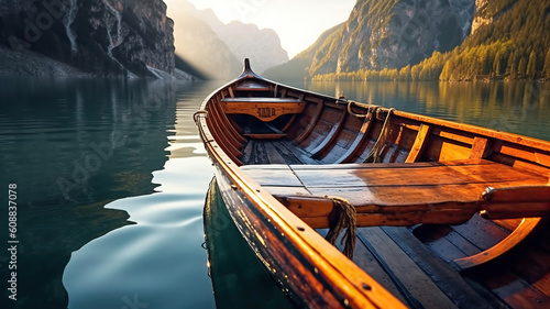 Beautiful view of traditional wooden rowing boat. Generative Ai
