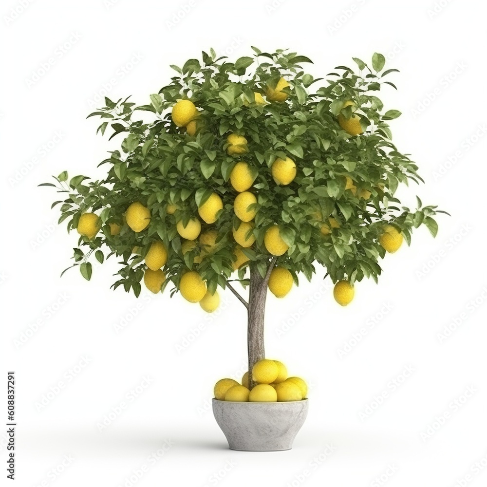 lemon tree with ripe lemons on white background