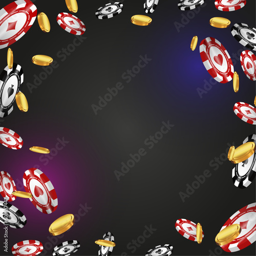 Casino poker background with gold coins and chips. Vector  illustration 