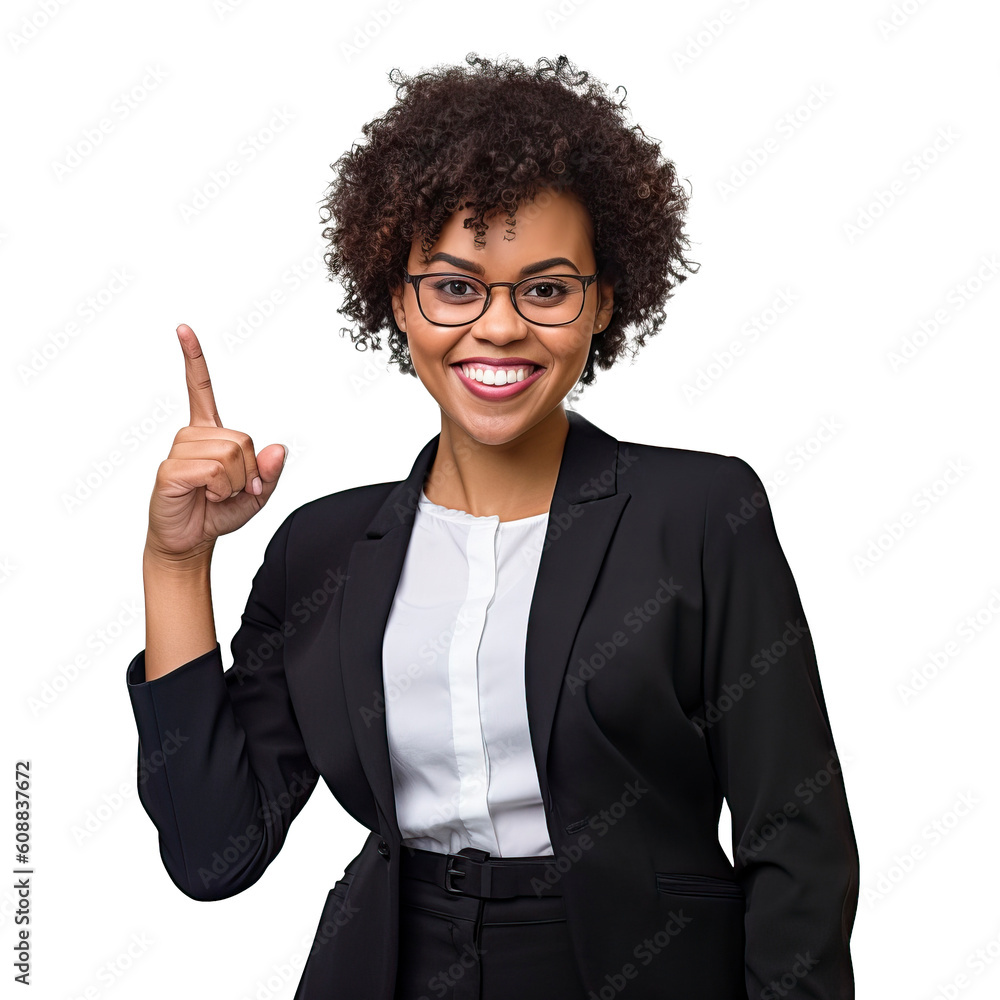 Portrait of young smiling african american business woman. pointing her finger. isolated transparent background. Generative AI Portrait of young smiling african american business woman. pointing her finger. isolated transparent background. Generative AI