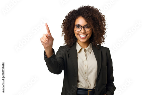 Portrait of young smiling african american teacher woman. pointing her finger. isolated transparent background. Generative AI photo