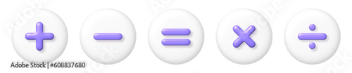 Math 3D icons set. Purple arithmetic plus, minus, equals, multiply and divide signs on white buttons. vector illustration.