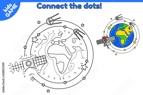 Game connect the dots and draw the cartoon planet Earth with probe and satellites in space. Activity book for children. Puzzle for preschool and school kids. Vector globe of solar system in cosmos.