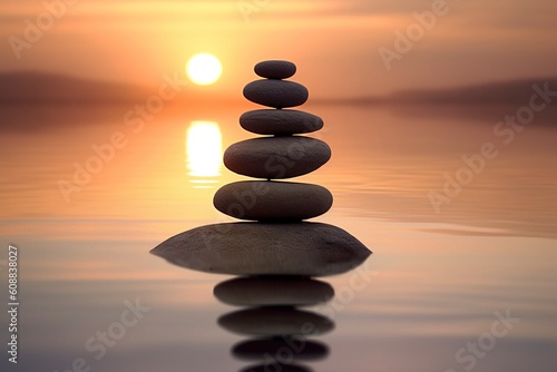 A sculpture with pebbles in a calm lake and a small meditating zen buddha figure. Ai generated.
