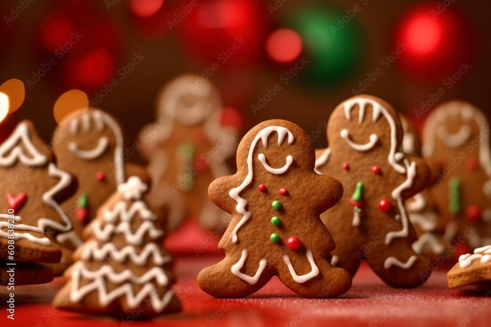 gingerbread cookies come alive with vibrant decorations on a festive red backdrop.Ai generated.