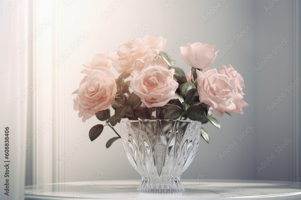 Obraz premium Delicate roses bouquet in vase, window light airy background. Generative AI
