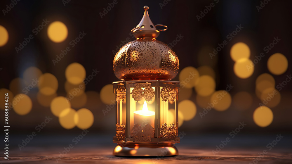 Ornamental Arabic lantern with burning candle glowing at night. Generative Ai Ornamental Arabic lantern with burning candle glowing at night. Generative Ai