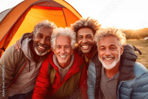 Creating Lasting Memories: Mature Friends Share Laughter at Sunset. Generative AI © Andrii 
