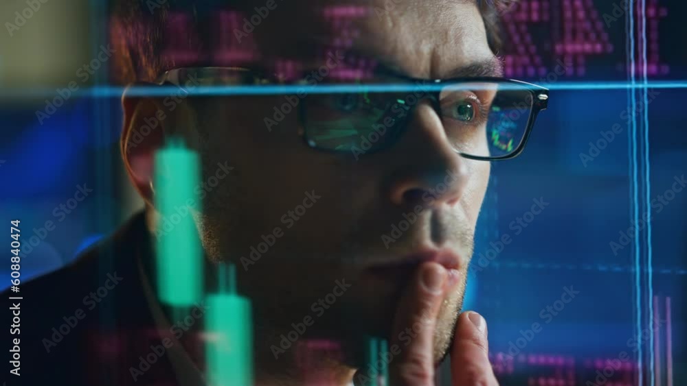 Invest lawyer check stock market data closeup. Pensive trader broker analysing Invest lawyer check stock market data closeup. Pensive trader broker analysing