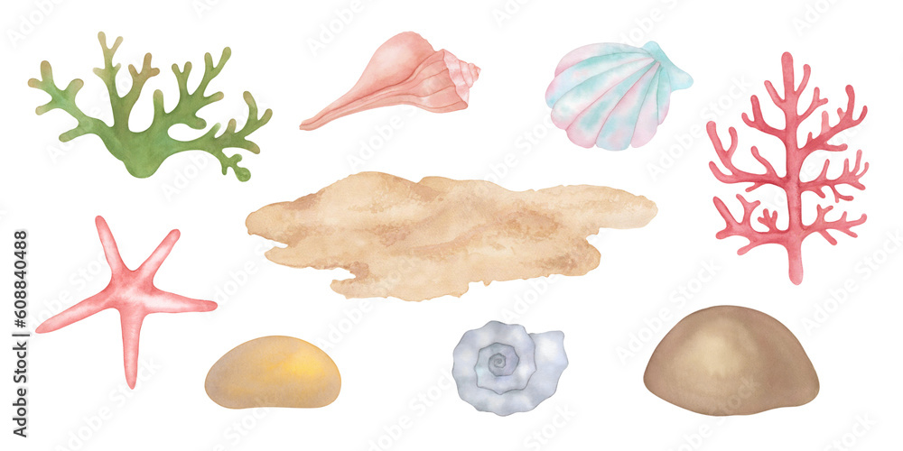 Naklejka premium Sea watercolor set of coral, sand, pebbles, seashells hand-painted.