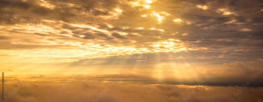 dramatic aerial view landscape blue morning sky with sea of mist and clouds at sunrise