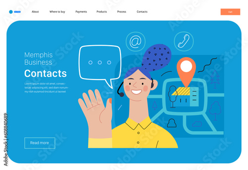 Memphis business illustration. Contacts -modern flat vector concept illustration of a female call center operator, tablet screen, map, location bubble, email, phone. Commerce business sales metaphor.