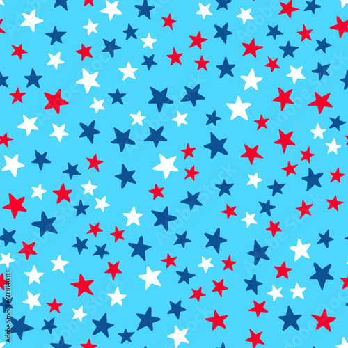 USA patriotic seamless pattern. American traditional backdrop.  Red white blue stars background. Vector template for fabric, textile, wallpaper, wrapping paper, etc