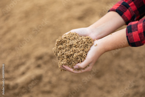 Close up of farmer hands holding animal feed beer oilcake in farm storage area