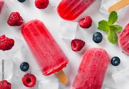 Healthy Raspberry Ice cream popsicles with fruit, berries and ice, from top view, flat layed out. AI generated image