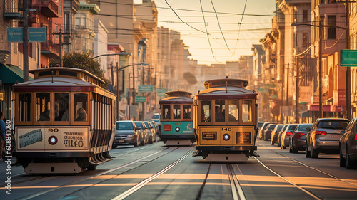 Classic view of historic traditional Cable Cars riding. Generative Ai
