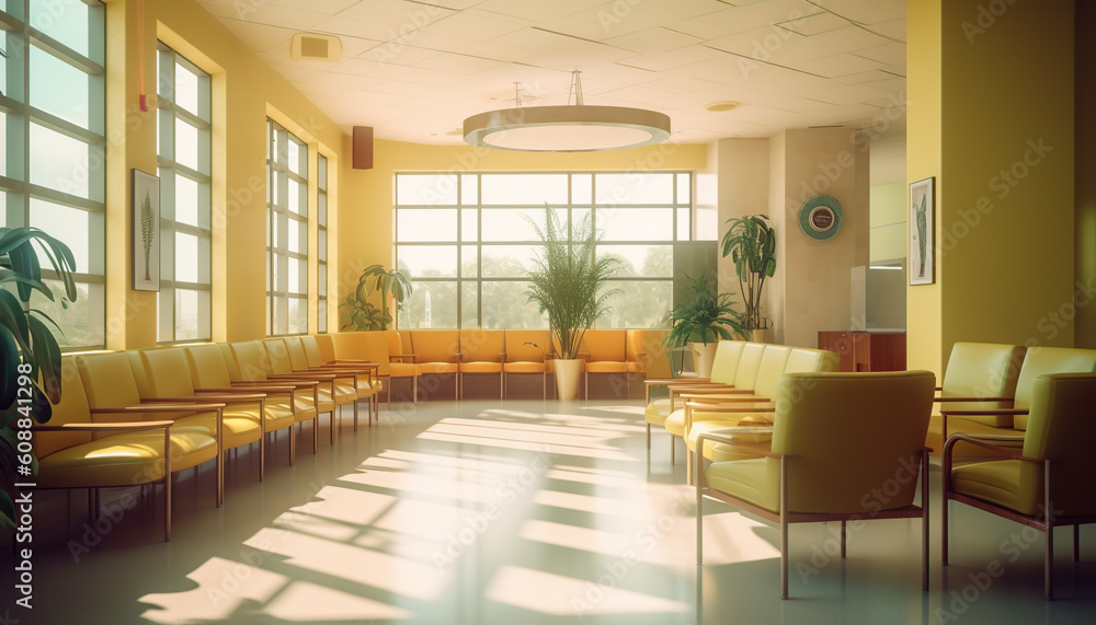 Architecture and Design of Vibrantly Colored Hospital Waiting Room, Natural Light, Bauhaus Art Generative IA Architecture and Design of Vibrantly Colored Hospital Waiting Room, Natural Light, Bauhaus Art Generative IA