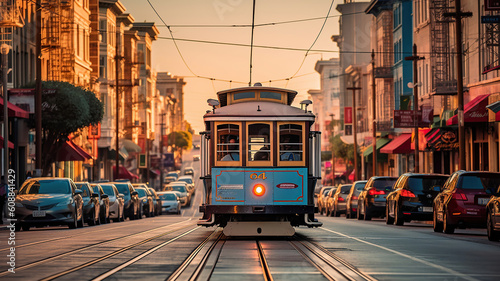 Classic view of historic traditional Cable Cars riding. Generative Ai