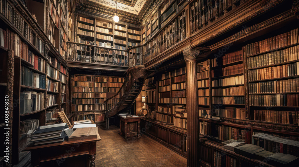 Big Old library or bookshop with many books on shelves AI generative Big Old library or bookshop with many books on shelves AI generative