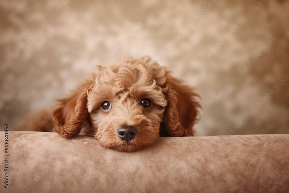 Cozy Puppy: Brown Poodle Laid on Beige Couch. Generative AI