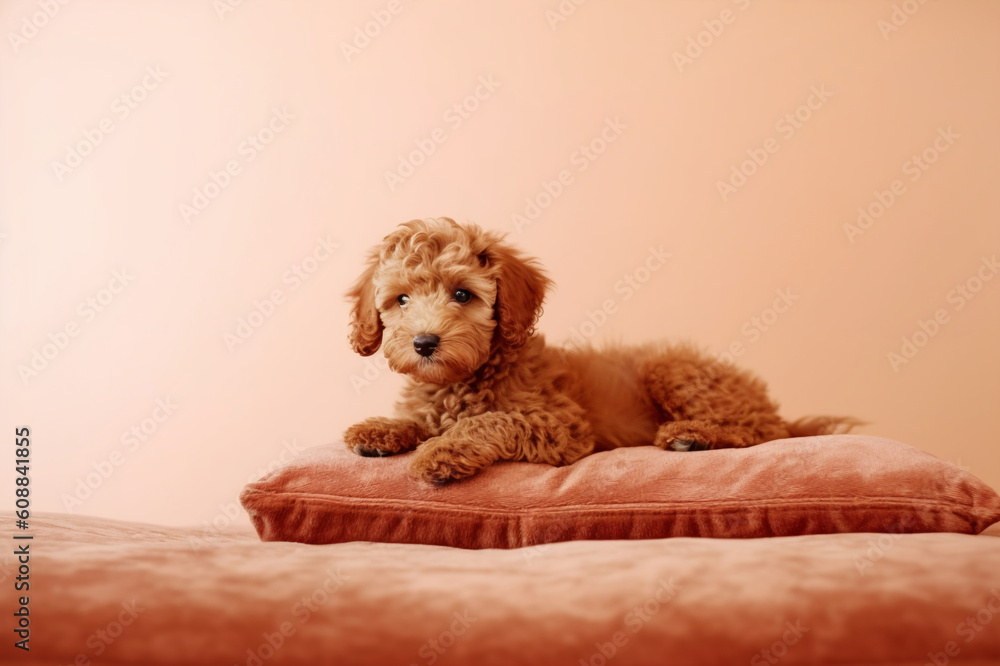Tranquil Serenity: A Little Brown Poodle with Soft Fur on a Beige Background. Generative AI