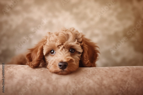 Cozy Puppy: Brown Poodle Laid on Beige Couch. Generative AI