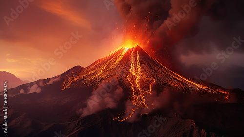 Photo A large volcano erupting hot lava and gases into the atmosphere