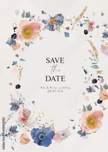 Elegant floral wedding save the date vector card template. Blush pink, dusty blue anemone flowers, white hydrangea petals, golden glitter, watercolor hand drawn paint bouquet wreath frame illustration
