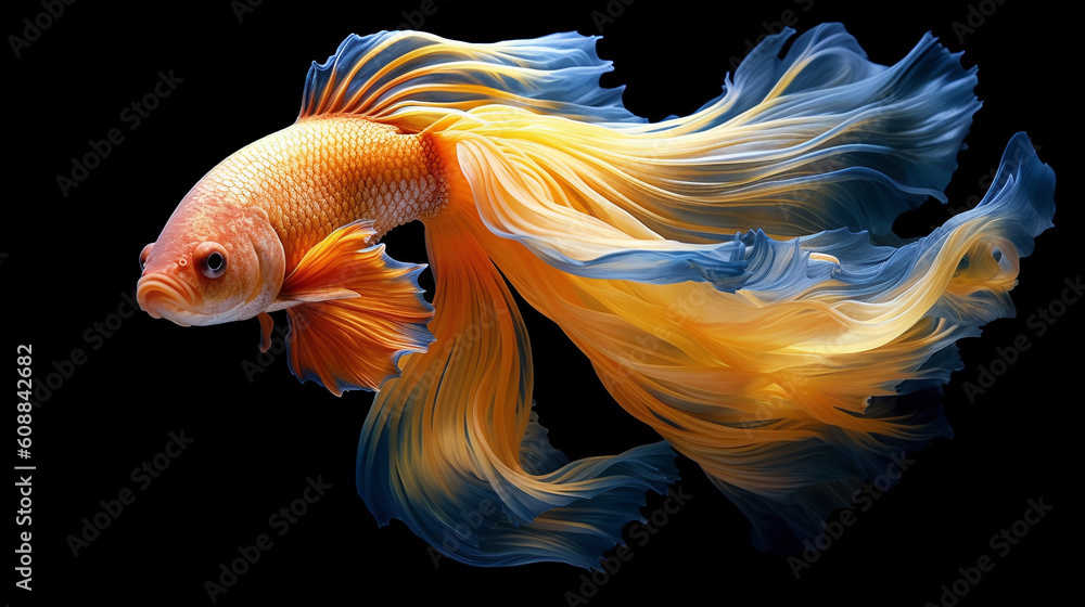 Betta fish. Colorful fighting Siamese fish with beautiful silk tail isolated on black. Amazing exotic tropical fish ai generated illustration - obrazy, fototapety, plakaty 