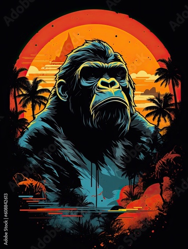 Gorilla retro design. Print for T-shirts. Generative AI photo