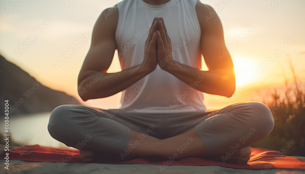 Man meditating and practicing yoga. Connection and Spirituality. Generative IA