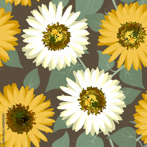 seamless pattern with sunflowers and camomiles 