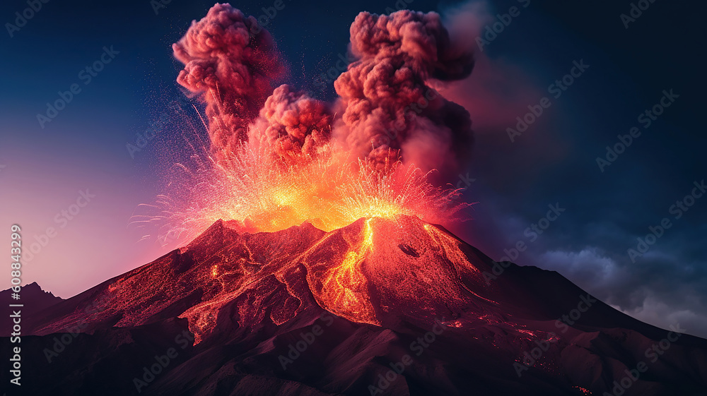A large volcano erupting hot lava and gases into the atmosphere. Generative Ai