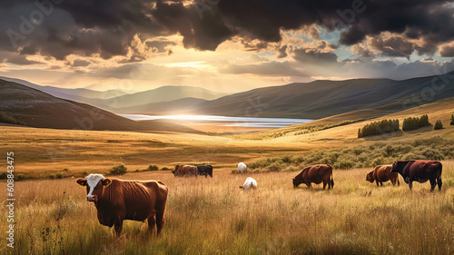 Beautiful landscape with cattle and dark clouds at sunset. Generative Ai