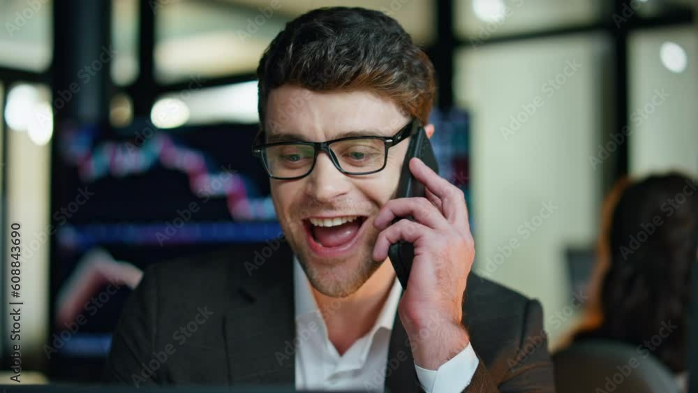 Cheerful businessman talking mobile phone closeup. Successful financial manager Cheerful businessman talking mobile phone closeup. Successful financial manager