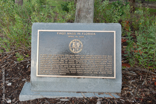 Sign for Jungle Prada de Navarez Park in Saint Petersburg, FL. The Jungle Prada Site Complex is reputedly the landing spot of the Spanish explorer Pánfilo de Narváez's Florida expedition 