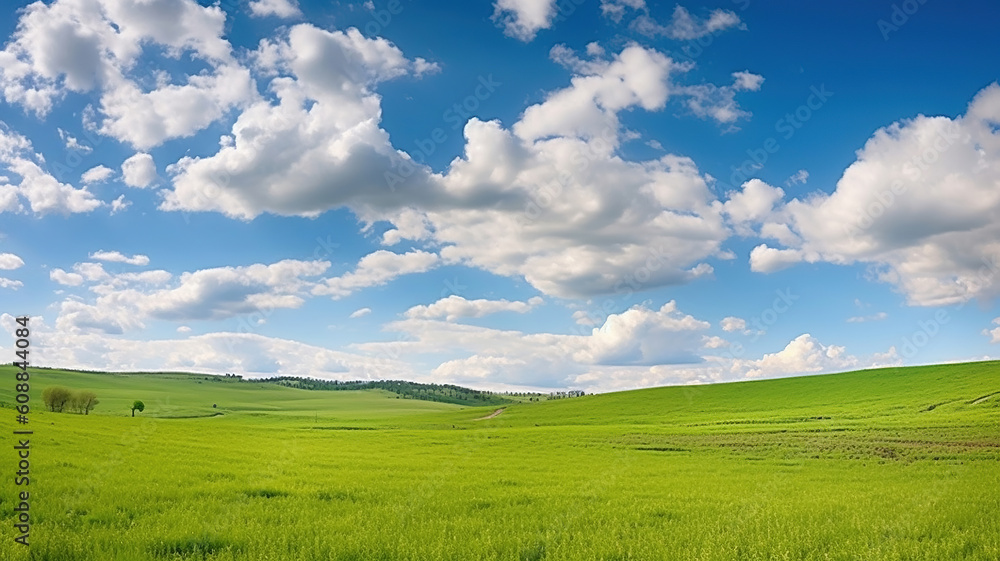 Obraz premium Spring panoramic landscape. Sky with fluffy clouds over green field. Generative Ai