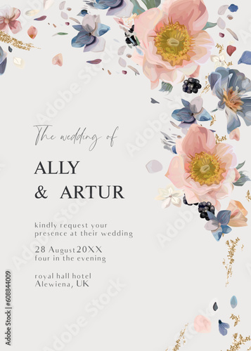 Floral wedding invite card vector template. Light pink, dusty blue anemone fl...