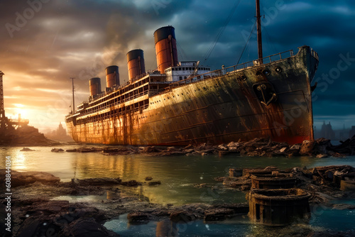 A large transatlantic ship abandoned at sea, Generative AI photo