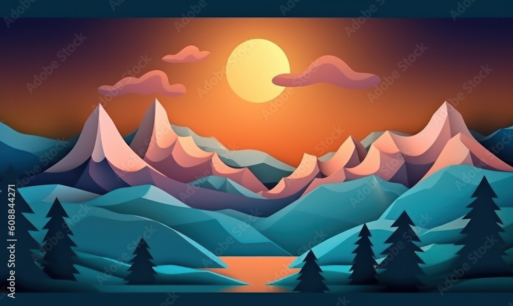 Abstract mountain nature paper cut landscape background