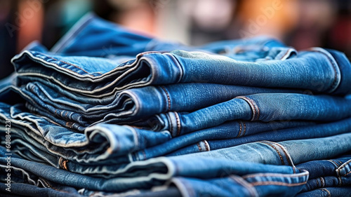 Blue jeans pants clothes pile background. Generative Ai