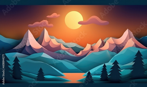 Abstract mountain nature paper cut landscape background