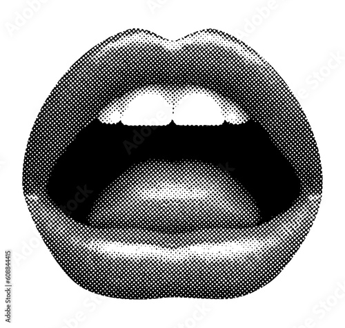 mouth open with teeth and tongue isolated halftone black white dots texture bitmap retro vintage pop art style collage element for mixed media modern crazy design