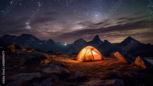 Camping in the mountains under the stars. Generative Ai © Putra
