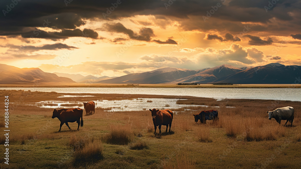Beautiful landscape with cattle and dark clouds at sunset. Generative Ai Beautiful landscape with cattle and dark clouds at sunset. Generative Ai