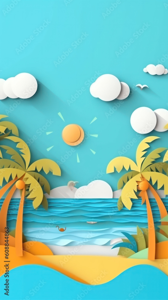 Abstract summer beach vibe paper cut landscape background