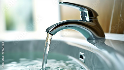 Faucet and water drop close up. Bathroom interior with sink and water tap. Generative Ai