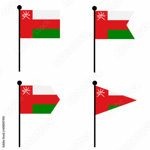 Oman waving flag icon set in 4 shape versions. Collection of flagpole sign for identity, emblem, and infographic.